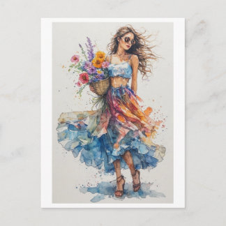 Beautiful Young Lady carrying Flowers on a Holiday Postcard