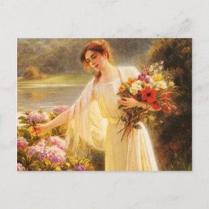 Beautiful,young lady,flowers,by Albert Lynch,Belle Postcard