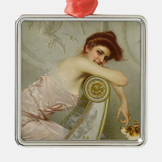 Beautiful Young Lady Stroking Her Puppy Dog Metal Ornament (Front)