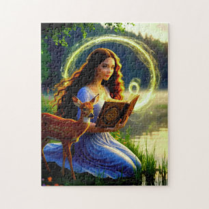 Beautiful Young Woman Sits with Deer and Reads  Jigsaw Puzzle