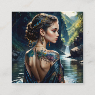 Beautiful young woman with tatoo on her shoulder.  square business card