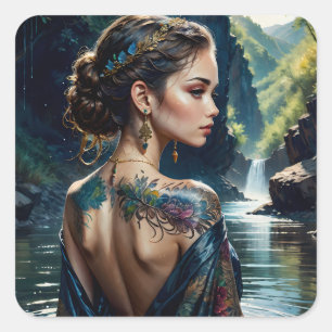 Beautiful young woman with tatoo on her shoulder. square sticker
