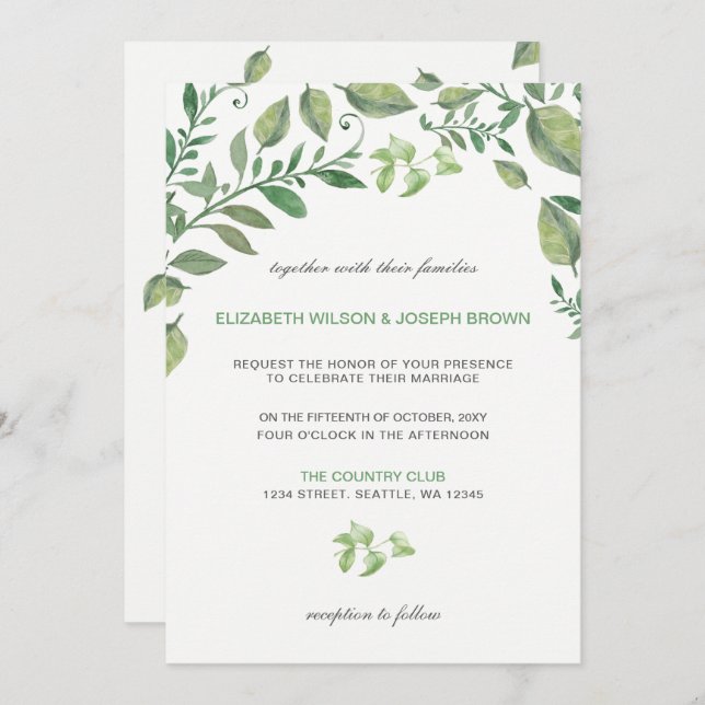 Beautifully botanical greenery wedding Invitations (Front/Back)