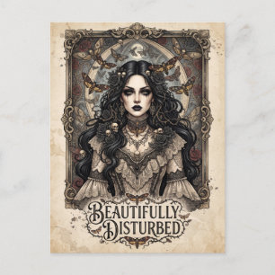 "Beautifully Disturbed" Gothic Woman with Moths Holiday Postcard