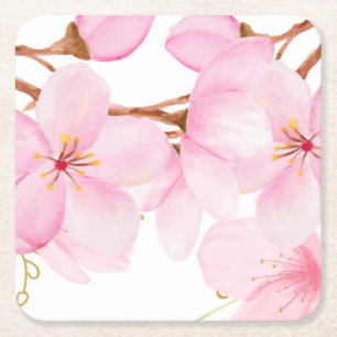 Beautifully Mixed Medium Cherry Blossom Print  Square Paper Coaster
