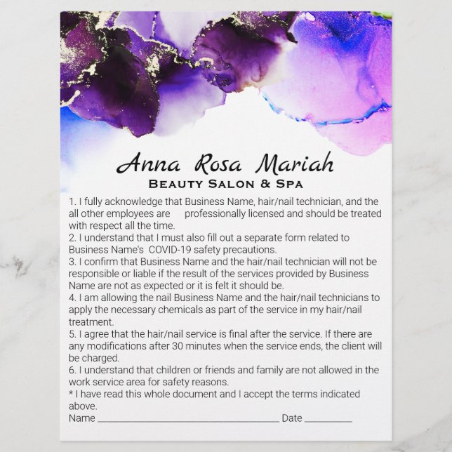*~*  Beauty Abstract Liability Waiver Services Flyer (Front)