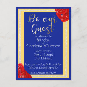 Beauty and the Beast Red Roses on Blue and Yellow Announcement Postcard