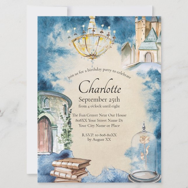 Beauty and the Beast Watercolor Fairy Tale Invitat Invitation (Front)