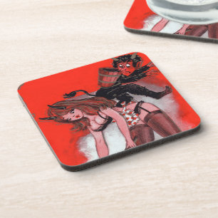 Beauty and the Krampus Vintage Xmas Christmas Coaster