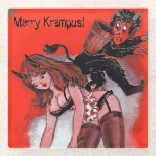 Beauty and the Krampus Vintage Xmas Christmas Glass Coaster