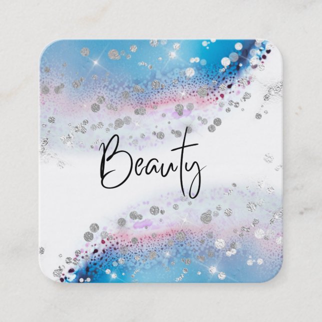 *~* BEAUTY - Blue Watercolor Pastel Silver Glitter Square Business Card (Front)