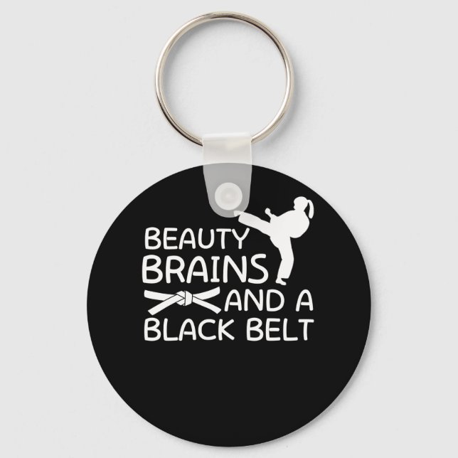 Beauty Brains And Black Belt Karate Girl Keychain (Front)