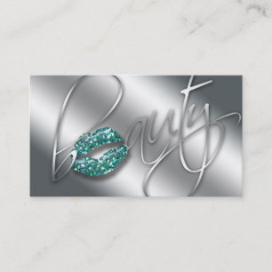Beauty Business Card Teal Sparkle Lips Silver Text
