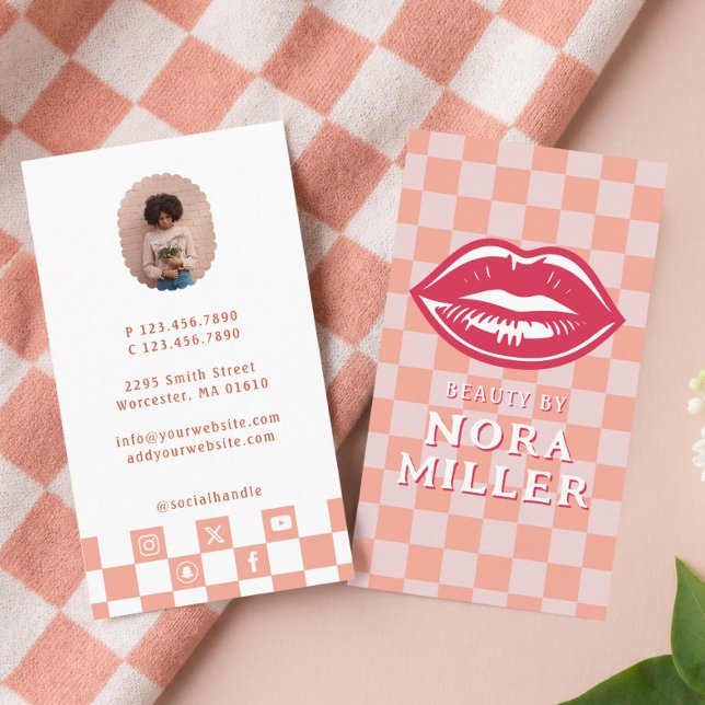 Beauty By Retro Pink Checkerboard Lips Makeup Business Card (Beauty By Retro Pink Checkerboard Lips Makeup Business Card)