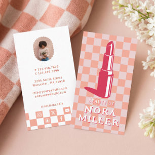 Beauty By Retro Pink Checkerboard Lipstick Makeup Business Card