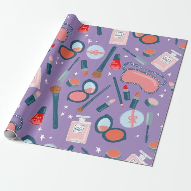 Beauty cosmetics pattern purple gift wrap (Unrolled)