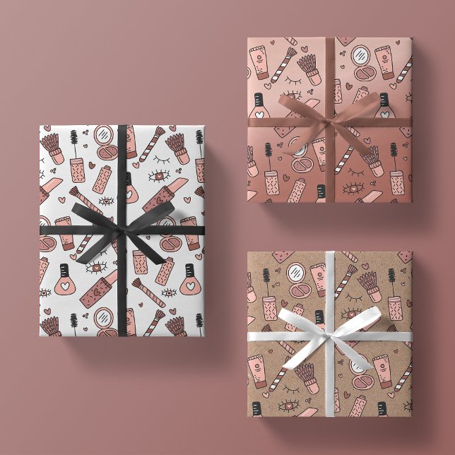 beauty doodles cute pink makeup + cosmetics  gift wrapping paper sheet (Creator Uploaded)