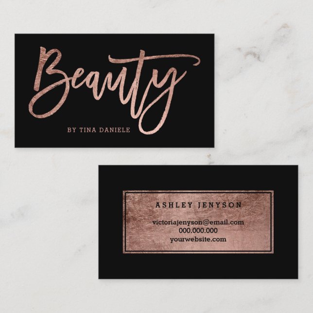 Beauty elegant faux rose gold typography black business card (Front/Back)
