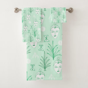Beauty Faces Botanical Pattern Mint Green Bath Towel Set
