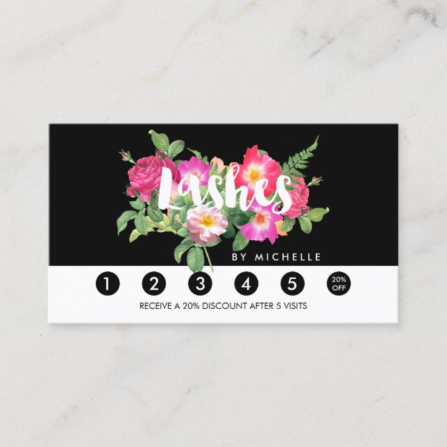 Beauty Florals Lash Extensions Black Loyalty Card (Front)