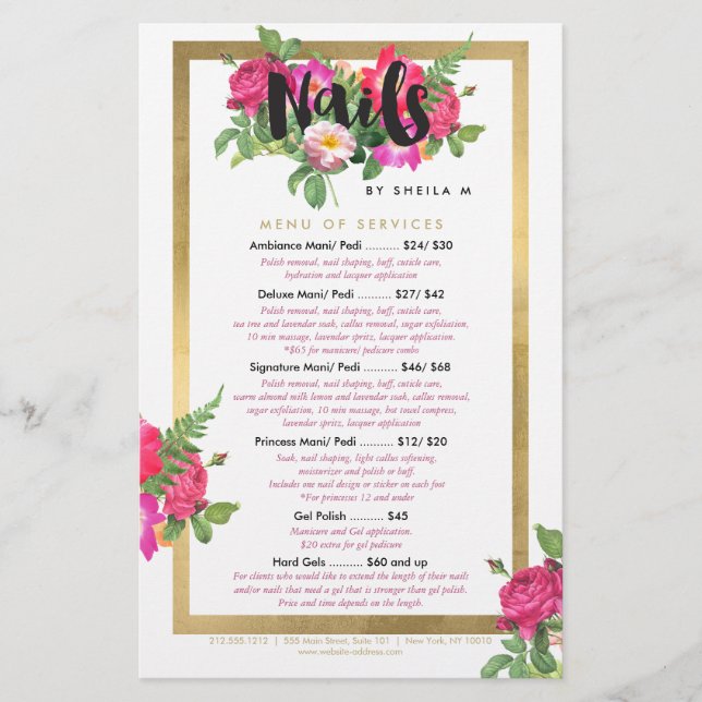 Beauty Florals Nail Salon Price List Service Menu (Front)