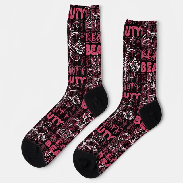 Beauty Flower Line Art Typography Socks (Left)