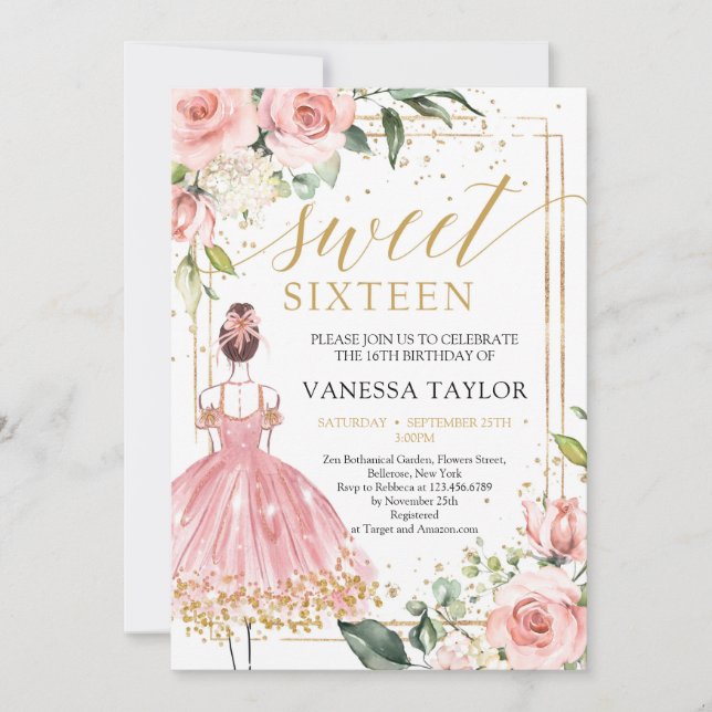 Beauty girl dress blush floral gold sweet sixteen invitation (Front)