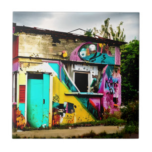 Beauty in Destruction  Colorful Graffiti Abandoned Tile
