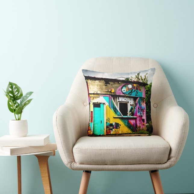 Beauty in Destruction  Colourful Graffiti Abandone Throw Pillow (Chair)