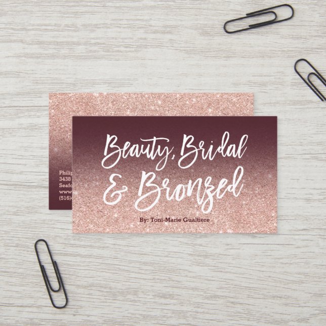 Beauty logo chic typography burgundy rose gold business card (Front/Back In Situ)