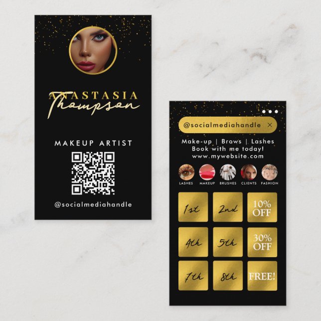 Beauty Nails Social Media Black Gold Loyalty Cards (Front/Back)