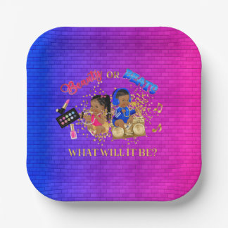 Beauty or Beats Blue Hot Pink Gold Gender Reveal Paper Plate