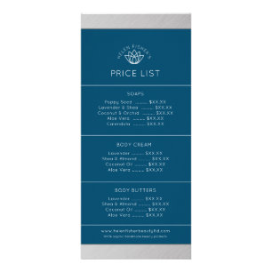 Beauty product price list navy metal silver lotus rack card