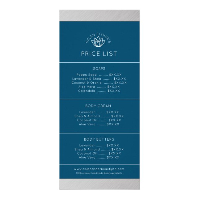 Beauty product price list navy metal silver lotus rack card (Front)