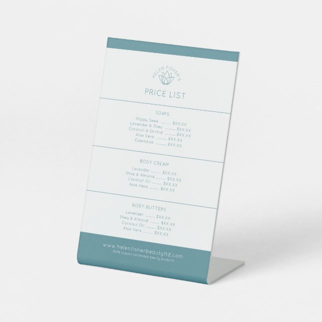 Beauty product price list teal white lotus logo pedestal sign (Front)