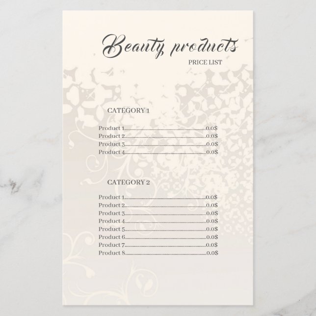 Beauty Products Elegant Frame Price List (Front)