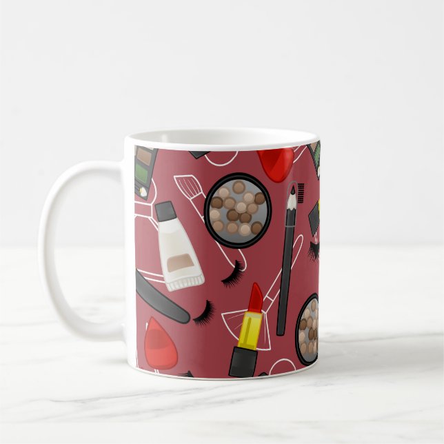 Beauty products pattern on a red backgroundapplica coffee mug (Left)