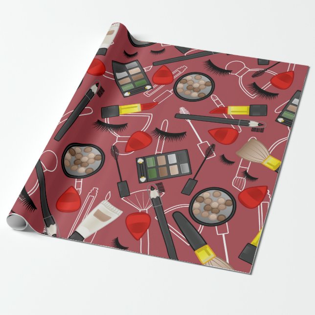 Beauty products pattern on a red backgroundapplica wrapping paper (Unrolled)