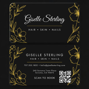 Beauty Salon Black Gold Botanical Floral QR Code Business Card