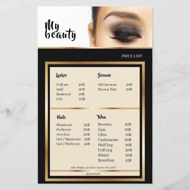 Beauty Salon Black & Golden Frame Price List (Front)