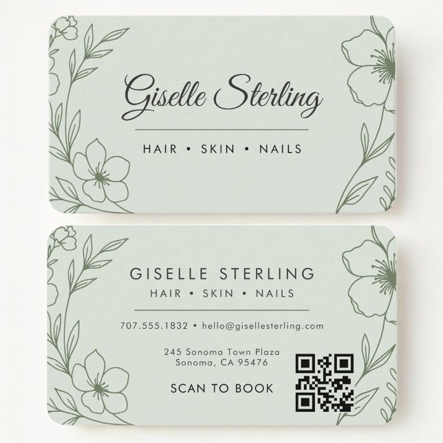 Beauty Salon  Botanical Sage Green QR Code Business Card (Creator Uploaded)