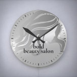 Beauty Salon Custom Name Platinum Silver Metallic Round Clock<br><div class="desc">Add your boutiques name to the customizable metallic faux foil  platinum silver ice grey decorative wall clock</div>