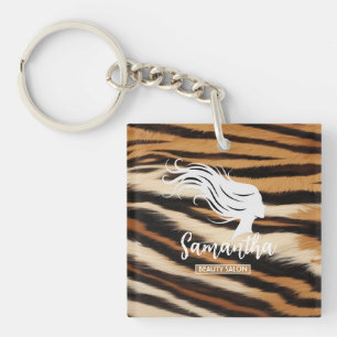 Beauty Salon Custom Name Tiger Print Salon Bag Keychain