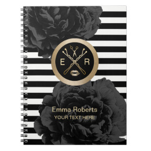 Beauty Salon Elegant Black Floral Modern Stripes Notebook