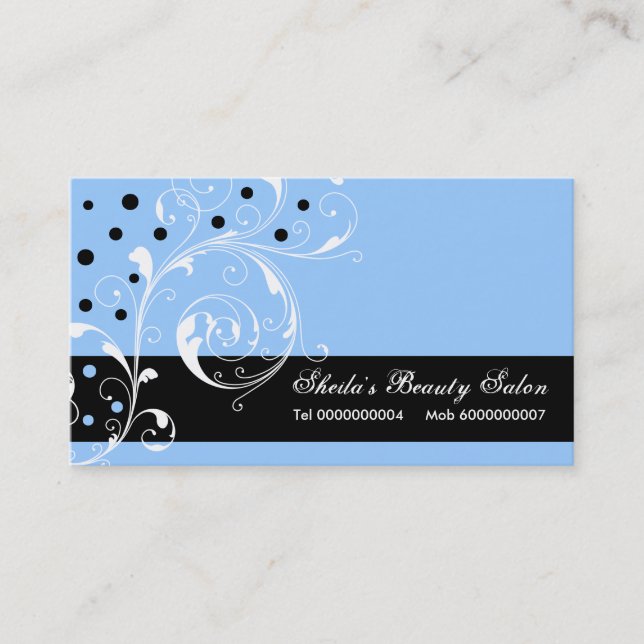 Beauty Salon floral scroll leaf black, blue Business Card (Front)
