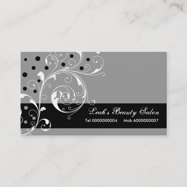 Beauty Salon floral scroll leaf black, grey Business Card (Front)
