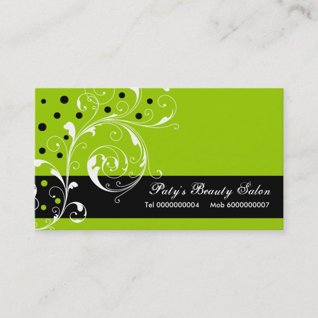 Beauty Salon floral scroll leaf black, lime green Business Card (Front)