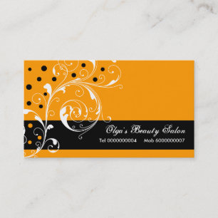 Beauty Salon floral scroll leaf black, orange Business Card
