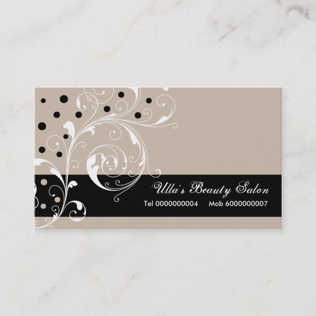 Beauty Salon floral scroll leaf black, pale taupe Business Card (Front)