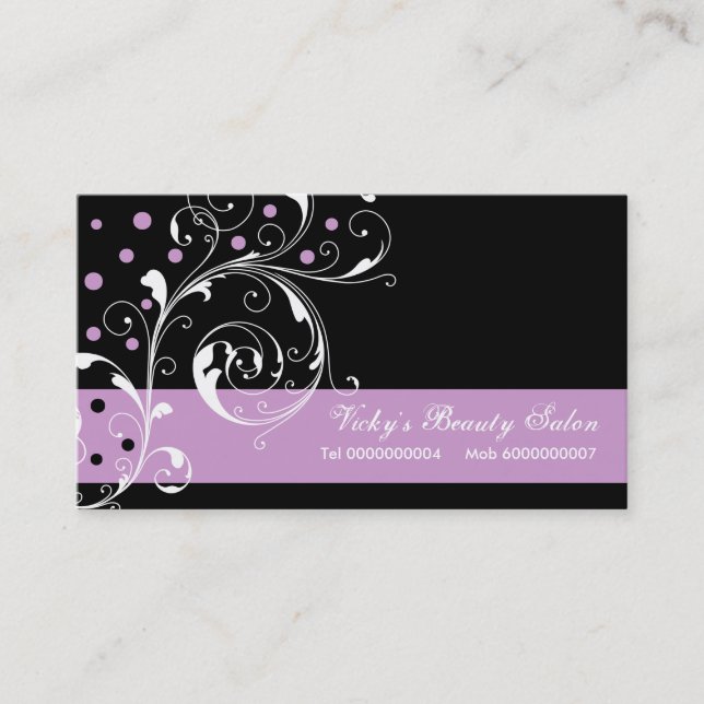 Beauty Salon floral scroll leaf black purple Business Card (Front)